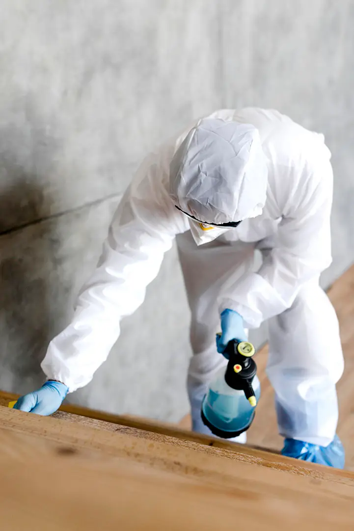 full shot man with suit disinfecting stairs