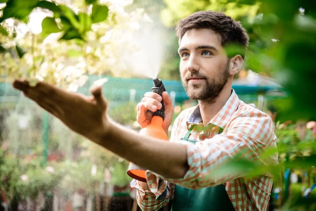 young handsome cheerful gardener smiling watering taking care flowers2