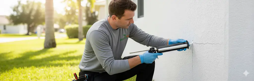 Why Spiders Invade Your South Florida Home Every September (And How to Stop Them) 1 NaturePest technician sealing a crack to prevent spiders from entering a South Florida home