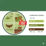 Diagram showing the armyworm lifecycle from egg to moth, highlighting the critical larval stage for treatment, alongside a calendar indicating high-risk seasons in Florida.