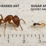 Macro photo comparing a Big Headed Ant and a Sugar Ant (Ghost Ant) for identification in South Florida homes.