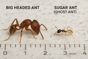 Macro photo comparing a Big Headed Ant and a Sugar Ant (Ghost Ant) for identification in South Florida homes.