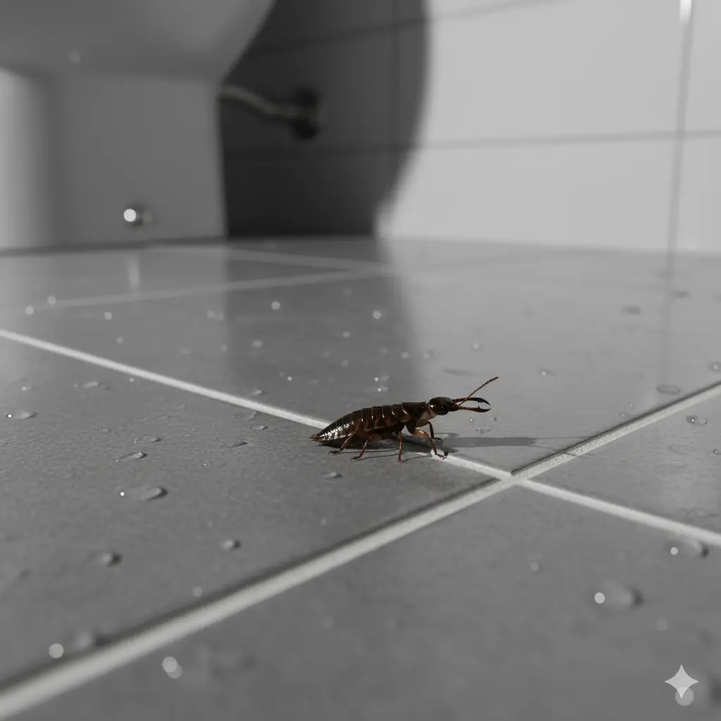 A common earwig with visible pincers on a damp bathroom tile floor, a typical sight in humid South Florida homes.