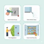 Infographic for Florida new homeowners showing key pest prevention tips: sealing cracks, managing gutter water, trimming vegetation, and storing food in airtight containers.