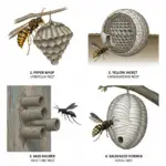 Illustrated guide comparing four common Florida wasps: Paper Wasp, Yellow Jacket, Mud Dauber, and Baldfaced Hornet, showing their distinct body shapes, colors, and nest types.