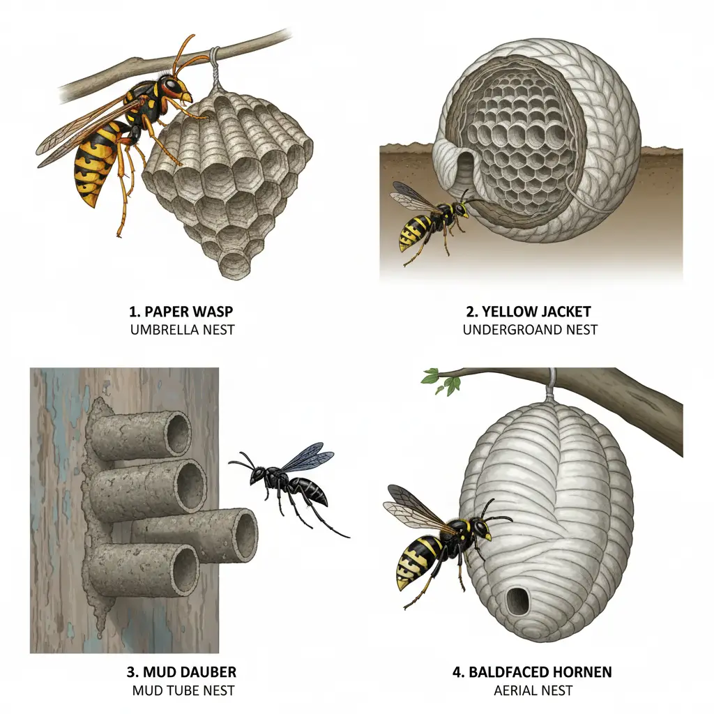 Illustrated guide comparing four common Florida wasps: Paper Wasp, Yellow Jacket, Mud Dauber, and Baldfaced Hornet, showing their distinct body shapes, colors, and nest types.