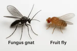Macro side-by-side comparison of a dark fungus gnat and a light brown fruit fly with red eyes, highlighting key identification features for Florida homeowners.