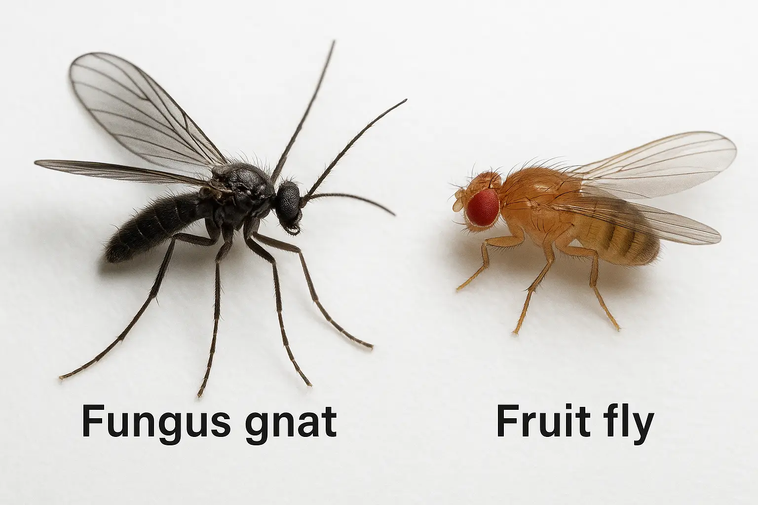 Macro side-by-side comparison of a dark fungus gnat and a light brown fruit fly with red eyes, highlighting key identification features for Florida homeowners.