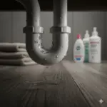 Close-up of ghost ants trailing along a damp pipe under a bathroom sink in a Florida home, highlighting moisture as the primary attractant.