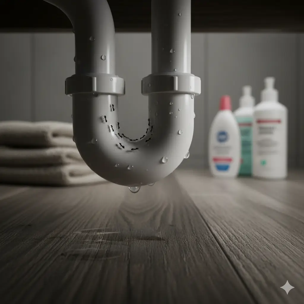 Close-up of ghost ants trailing along a damp pipe under a bathroom sink in a Florida home, highlighting moisture as the primary attractant.