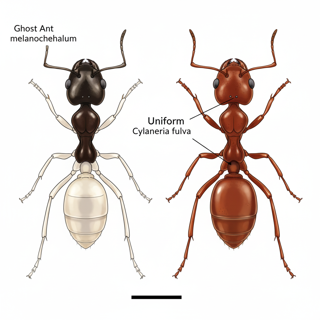 Detailed illustrated side-by-side comparison of a Ghost Ant and a Tawny Crazy Ant, highlighting differences in color, size, and body structure for accurate identification.