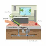 Graphic showing a cross-section of a modern Florida home with arrows pointing to key areas for holistic cockroach prevention: sealed plumbing gaps, weather-stripped doors, airtight food containers, and a dehumidifier in the garage.