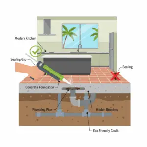 Graphic showing a cross-section of a modern Florida home with arrows pointing to key areas for holistic cockroach prevention: sealed plumbing gaps, weather-stripped doors, airtight food containers, and a dehumidifier in the garage.