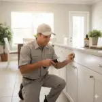 A holistic pest control technician in a NaturePest uniform inspecting a kitchen sink drain in a Miami home for drain flies, demonstrating eco-friendly methods.