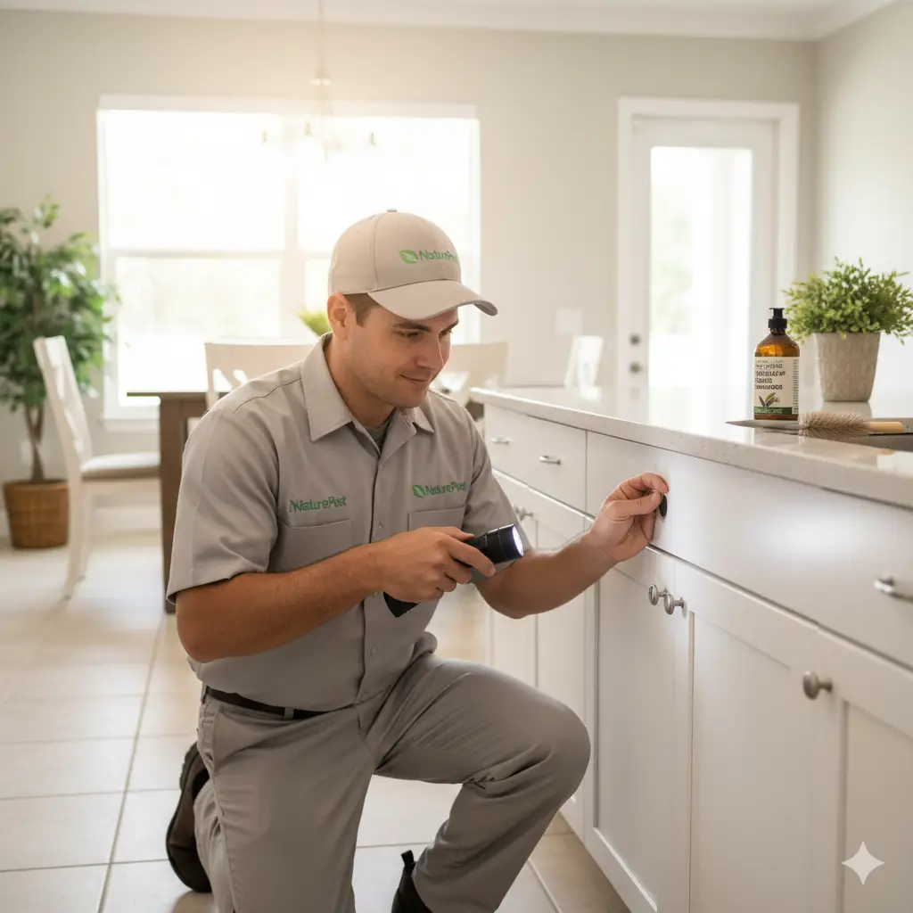 A holistic pest control technician in a NaturePest uniform inspecting a kitchen sink drain in a Miami home for drain flies, demonstrating eco-friendly methods.
