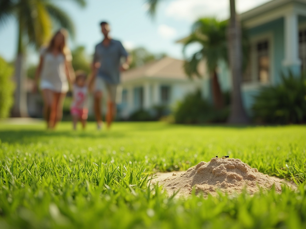 A fire ant mound in a South Florida lawn, showing the need for holistic pest control to keep families safe.