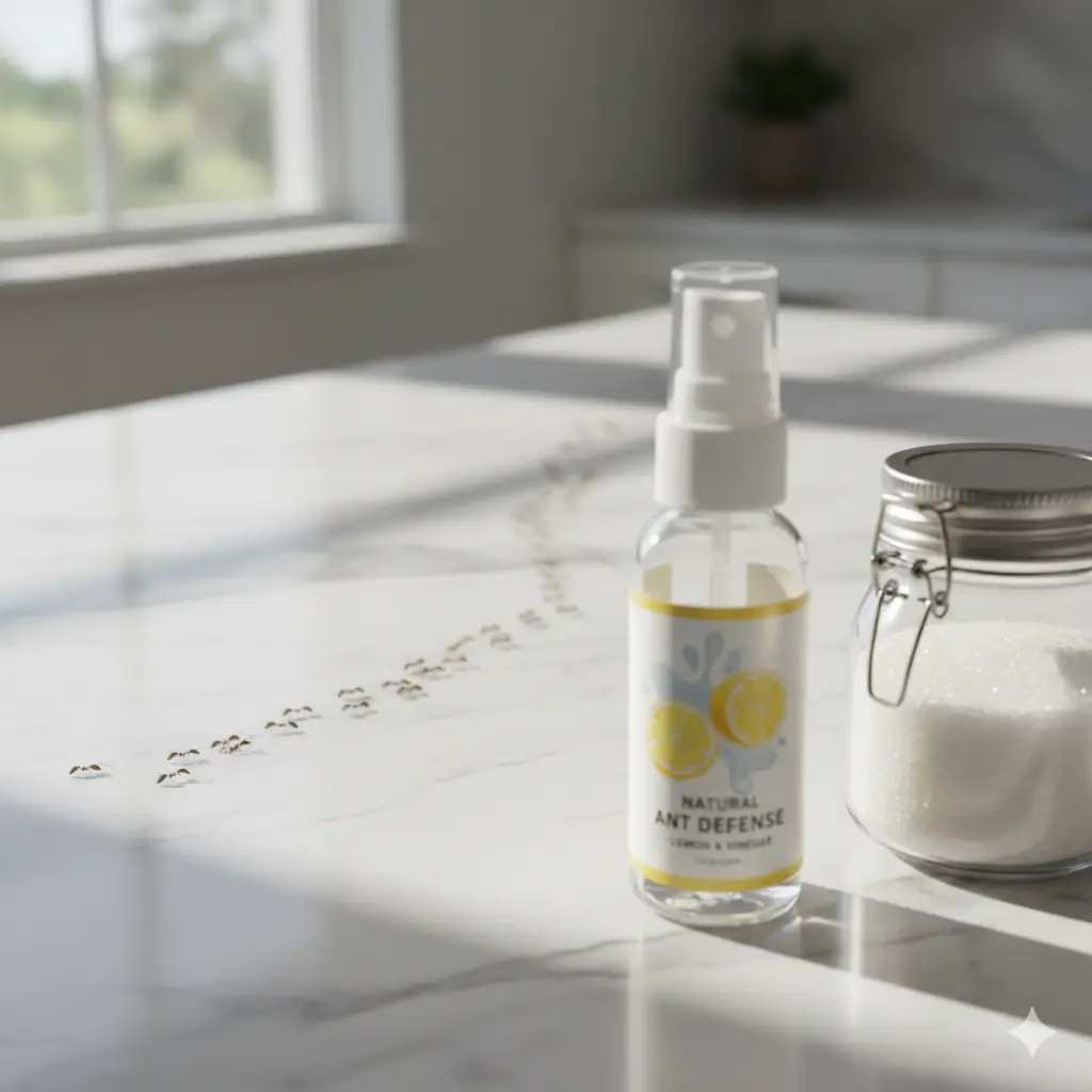Close-up of tiny ghost ants on a kitchen counter in a South Florida home, with a natural citrus spray and sealed glass jar shown as holistic control methods.