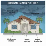 Infographic showing a cross-section of a Florida home with arrows pointing to common hurricane-related pest entry points like roof vents, cracked foundations, and gaps under doors.
