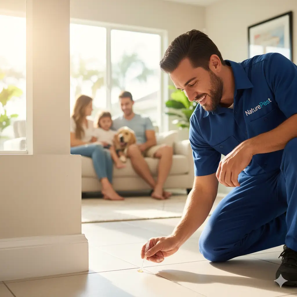 A NaturePest technician using targeted, hypoallergenic pest control methods in a South Florida home with a family present, showcasing safety.