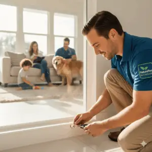 A NaturePest technician using targeted, hypoallergenic pest control methods in a South Florida home with a family present, showcasing safety.