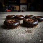 Millipedes curled into defensive coils on a concrete floor, a common sight during infestations in Florida homes and garages.