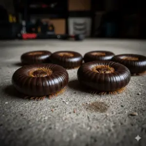Millipedes curled into defensive coils on a concrete floor, a common sight during infestations in Florida homes and garages.