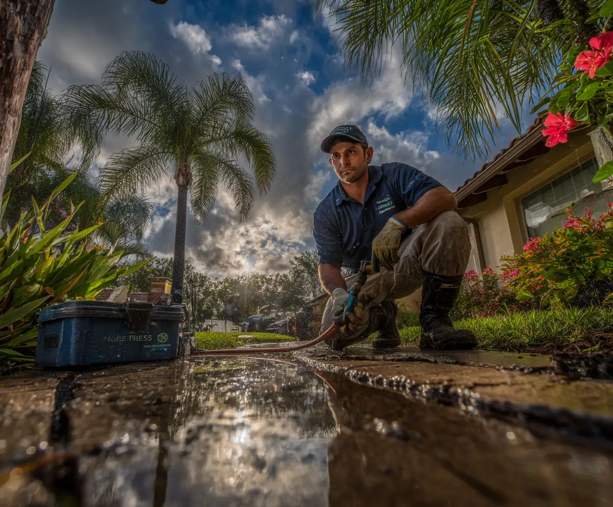 A NaturePest technician sealing foundation cracks during Florida rainy season inspection for palmetto bug prevention in Miami home.