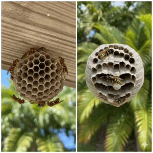 Close-up comparison of a paper wasp's open-comb nest attached to a eave versus an enclosed yellowjacket nest for accurate identification.