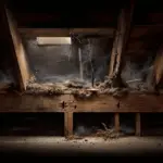 Cross-section diagram of a South Florida home attic showing key signs of a roof rat infestation: gnawed wires, nests, droppings, and grease marks.