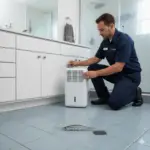 A NaturePest technician installing a dehumidifier in a South Florida bathroom to prevent silverfish by reducing humidity.