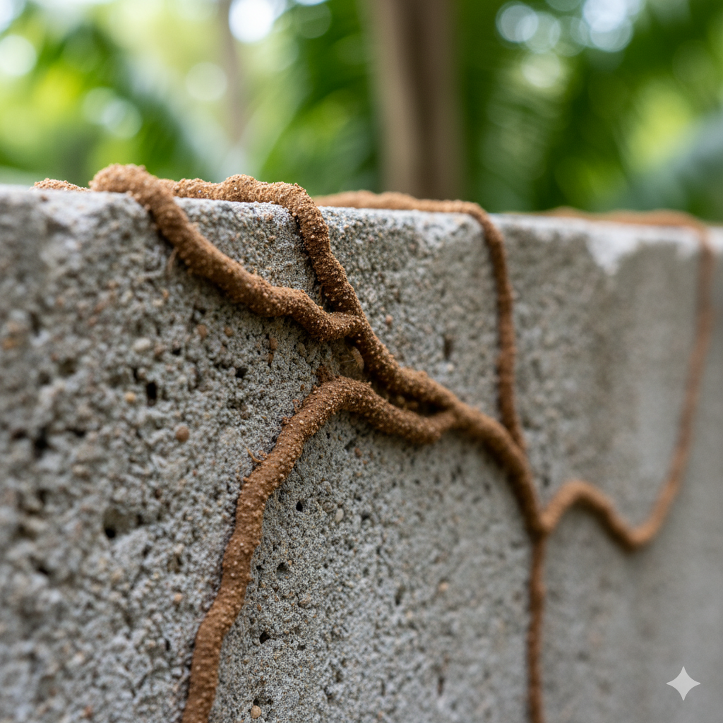 Close-up view of subterranean termite mud tubes on concrete foundation in Florida showing characteristic clay-like texture and construction pattern