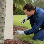 A NaturePest technician conducting a thorough termite inspection on the exterior of a South Florida home, checking the foundation for mud tubes.