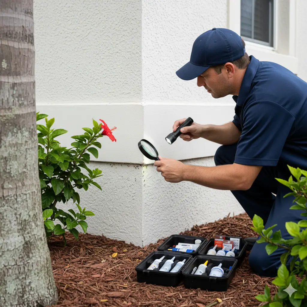 A NaturePest technician conducting a detailed inspection for white-footed ant trails on the exterior of a South Florida home.