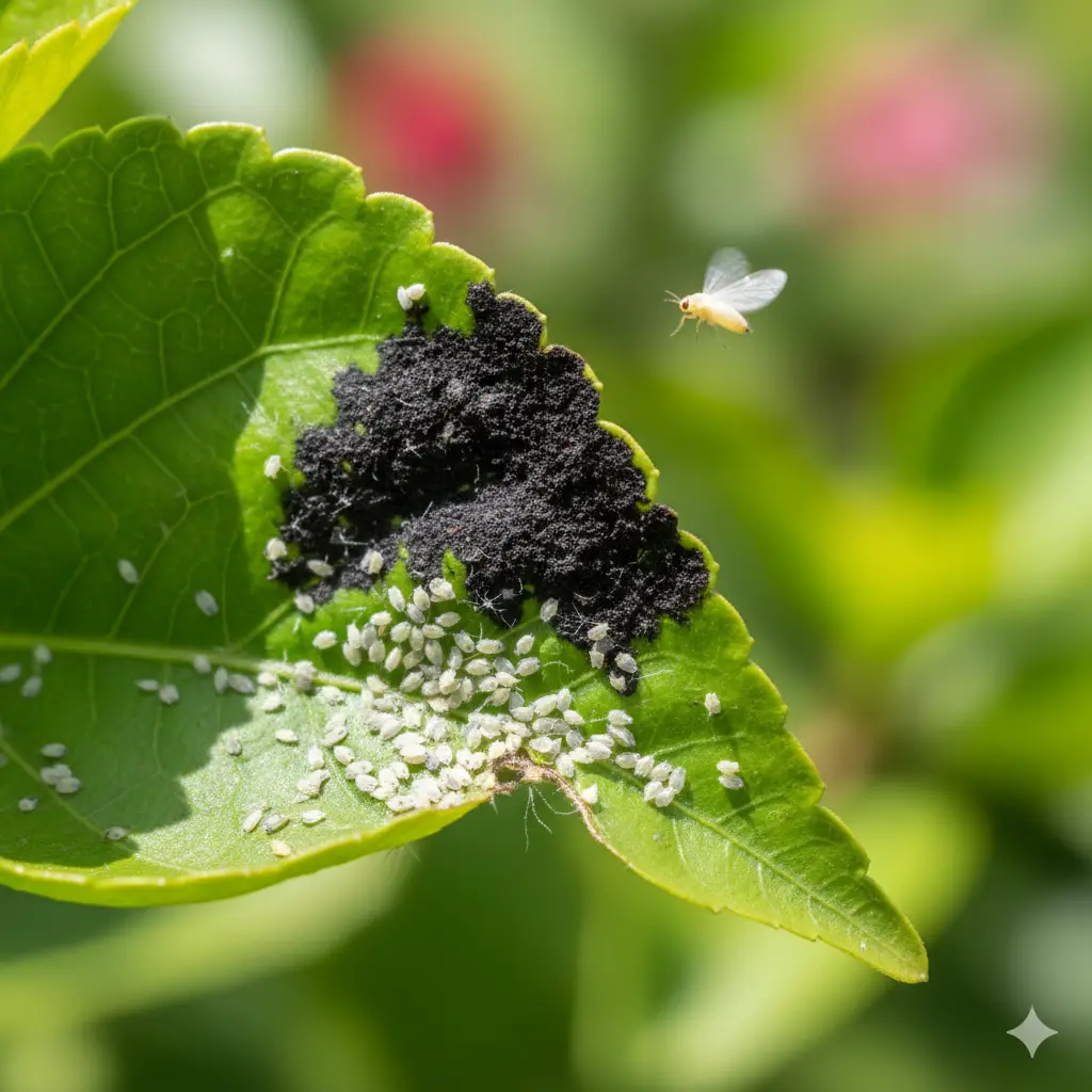 Close-up of a hibiscus leaf in a Florida garden showing whitefly nymphs and eggs on the underside and black sooty mold on the top surface.